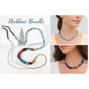 Beaded Necklace Bundle 2pc Pale Green Black Oval Beads & Chunky Multi Color Cord